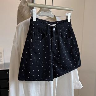 黑色波点印花设计感牛仔短裤女2024夏季新款高腰宽松显瘦阔腿裤潮