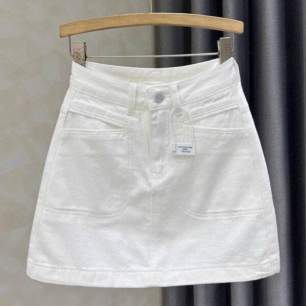 欧货白色牛仔半身裙女夏季新款小个子高腰显瘦防走光A字包臀裙ins