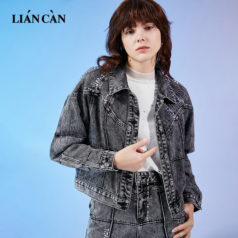 【莲灿】2024秋冬波西米亚风落肩袖烫钻牛仔长袖外套时尚71213960