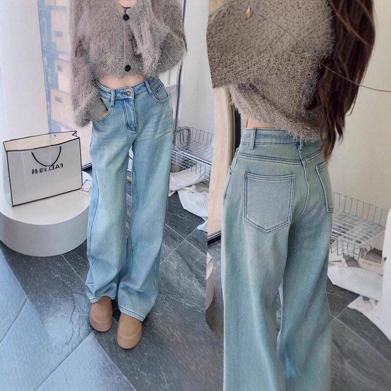 2025年春秋新款浅色直筒牛仔裤女时尚水洗高腰宽松显瘦休闲阔腿裤