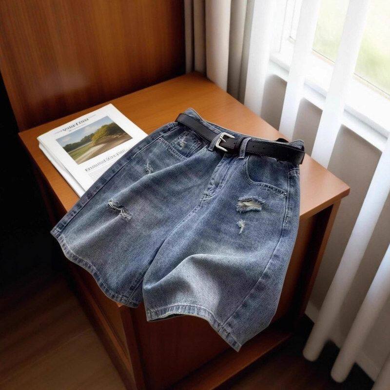 破洞牛仔短裤女夏薄款胖妹妹mm遮胯显瘦阔腿五分中裤梨形身材裤子