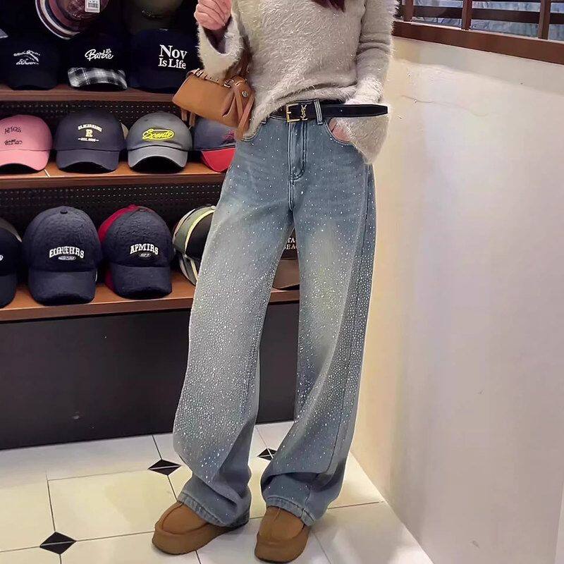 复古满天星烫钻直筒牛仔裤女春季新款大码胖mm高腰显瘦宽松阔腿裤