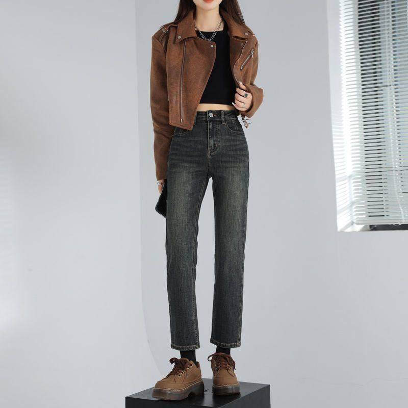 时尚窄版直筒牛仔裤女2024年冬季新款日系高腰显瘦小个子九分烟管