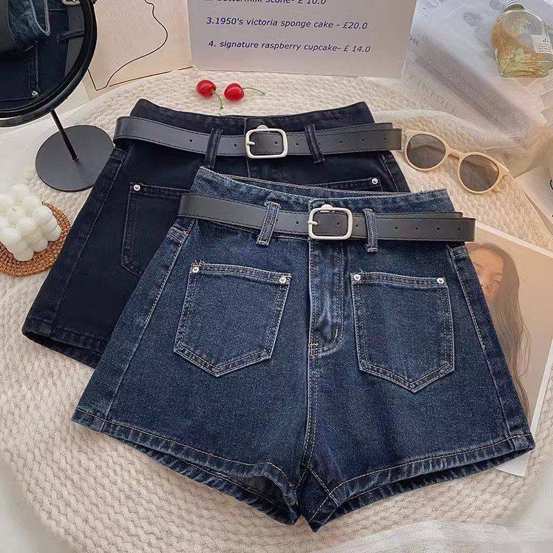高腰深蓝色牛仔阔腿裤女2024年夏季韩版多口袋时尚百搭短裤热裤子