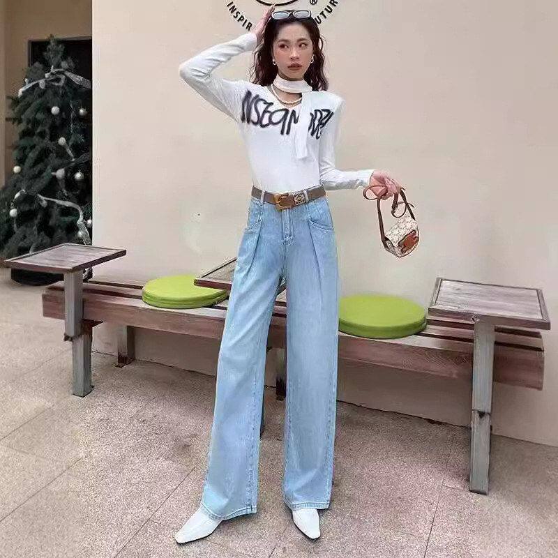 复古港风阔腿牛仔裤女2024春秋新款高腰显瘦小个子直筒宽松拖地裤