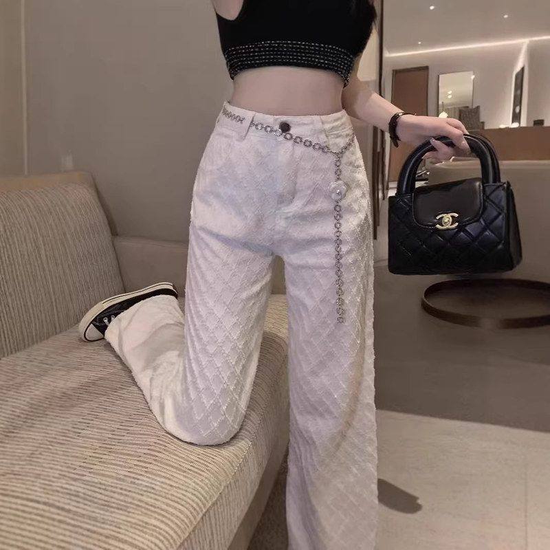 设计感小香风格纹直筒牛仔裤女2026春季新款宽松显瘦阔腿拖地裤子