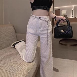 设计感小香风格纹直筒牛仔裤女2026春季新款宽松显瘦阔腿拖地裤子