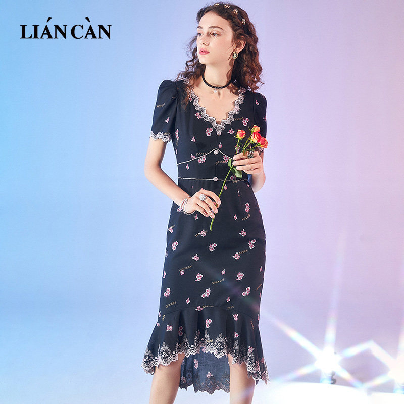 莲灿2025春夏新商场同款法式碎花钻链雪纺短袖鱼尾裙7121223008