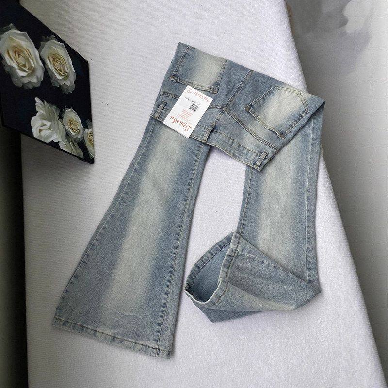 美式辣妹低腰微喇牛仔裤女2025年新款秋季复古水洗磨白喇叭马蹄裤