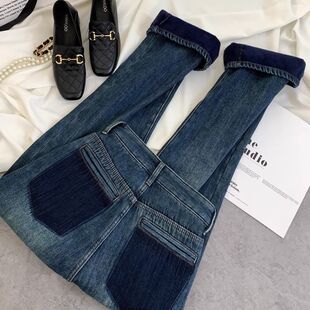 加绒加厚复古宽松阔腿牛仔裤女胖MM冬季高腰显瘦百搭修身直筒裤子