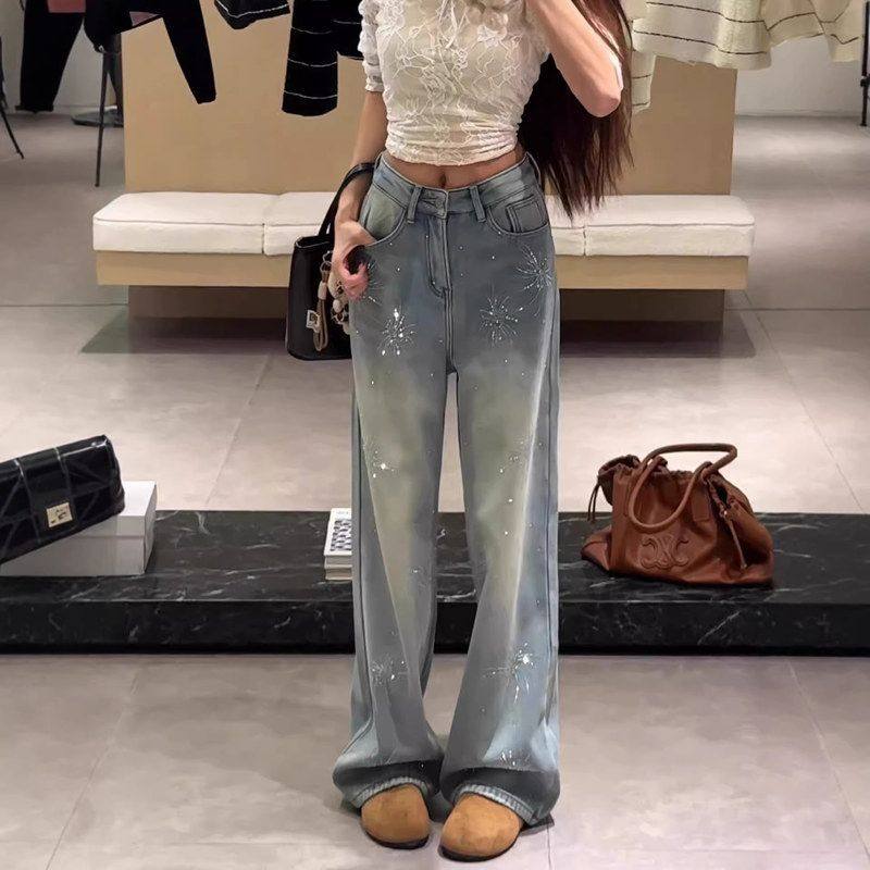 浅蓝色烟花闪钻阔腿牛仔裤女冬季流行爆款宽松显瘦直筒拖地加绒裤