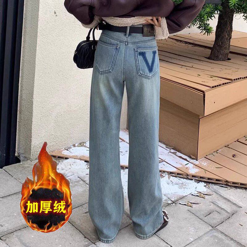 爆款加绒加厚直筒牛仔裤女2024年秋冬季高腰宽松显瘦百搭阔腿裤子