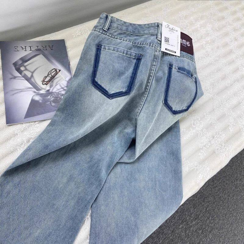 浅蓝色撞色口袋牛仔裤女2025年春秋新款高腰显瘦宽松直筒阔腿长裤