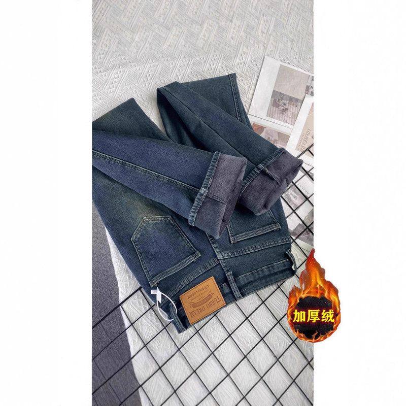 复古加绒加厚直筒牛仔裤女2025年冬季爆款高腰宽松显瘦窄版阔腿裤
