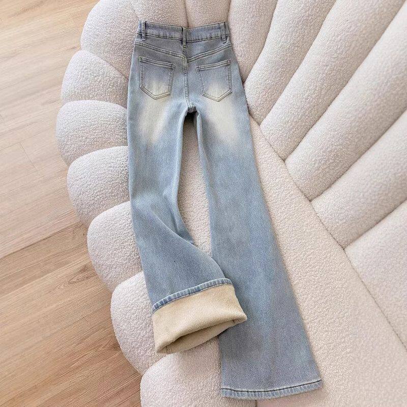 时尚微喇加绒加厚浅色牛仔裤女冬季2025年爆款修身显瘦高腰马蹄裤
