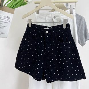 甜酷风黑色波点碎花牛仔短裤女夏季新款高腰显瘦阔腿a字热裤子潮