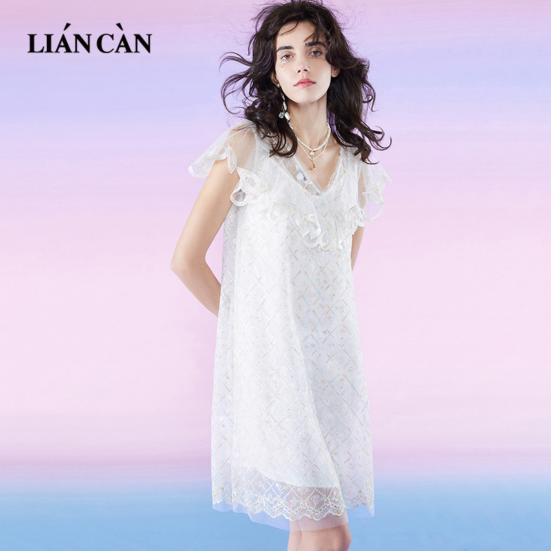 莲灿2025夏季绣花蕾丝短袖连衣裙