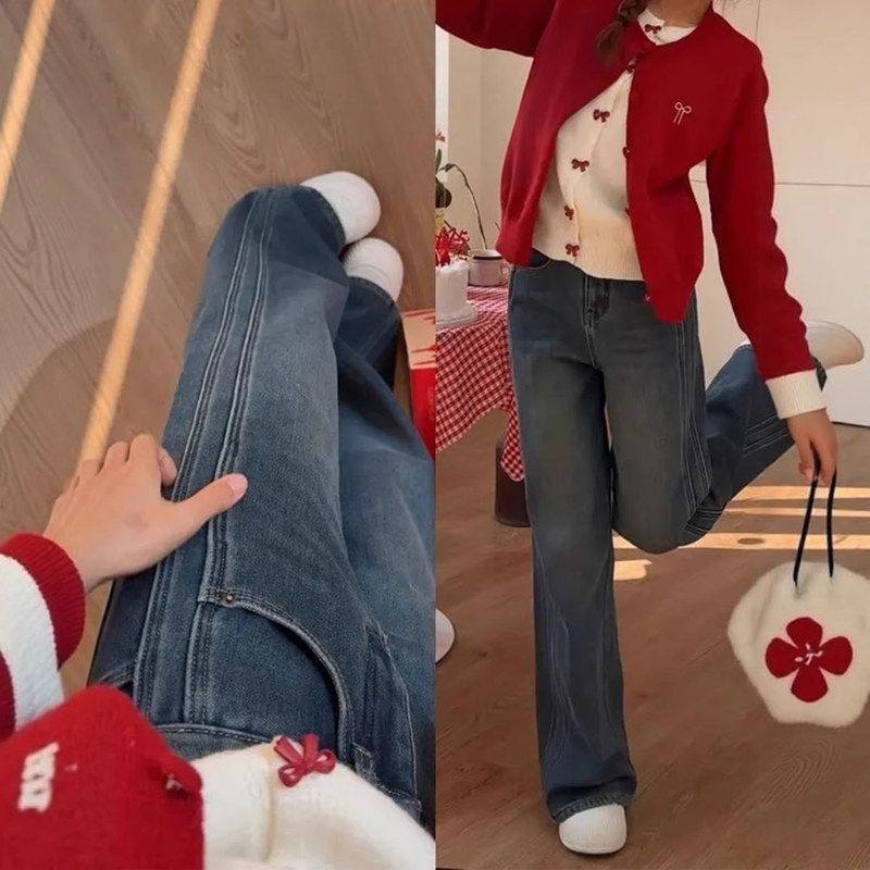 复古大码阔腿牛仔裤女2025新款加绒加厚宽松显瘦保暖ins直筒裤子