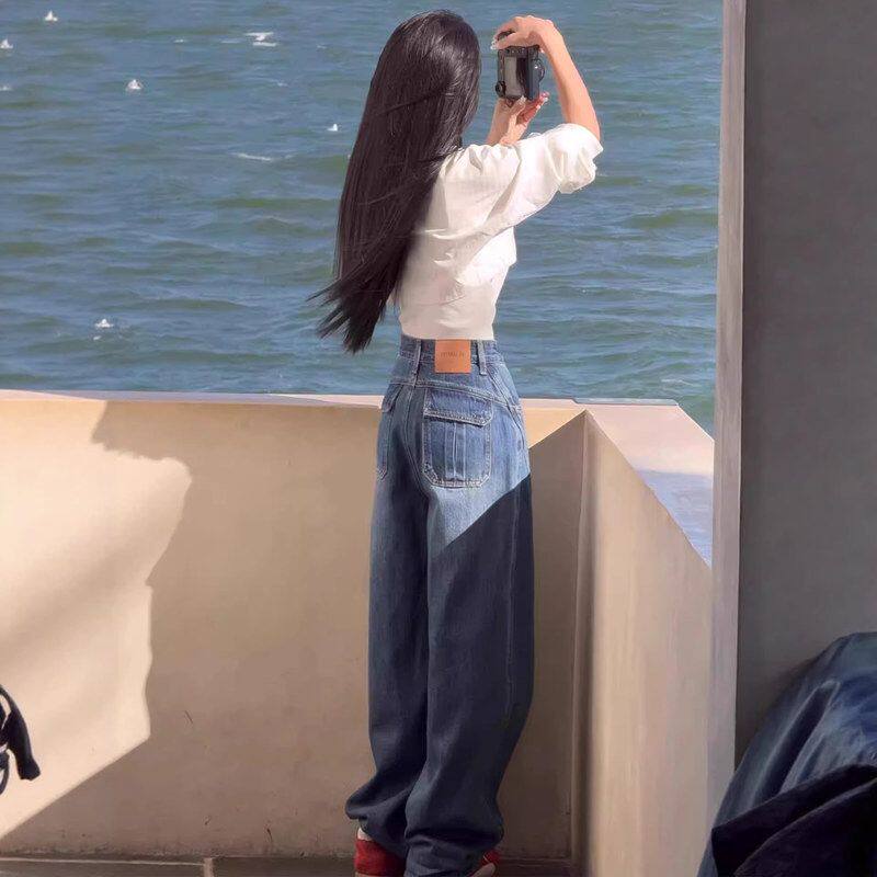 深蓝色美式窄版弯刀牛仔裤女2026春季新款高腰宽松直筒阔腿镰刀裤