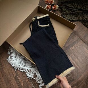 加绒加厚深蓝色直筒牛仔裤女冬季新款大码胖mm高腰宽松显瘦阔腿裤