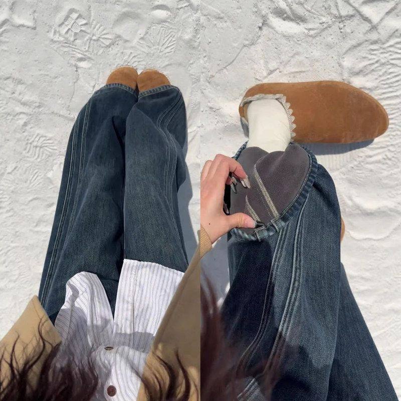 韩式慵懒风阔腿牛仔裤女2025新款加绒加厚宽松显瘦保暖窄版直筒裤