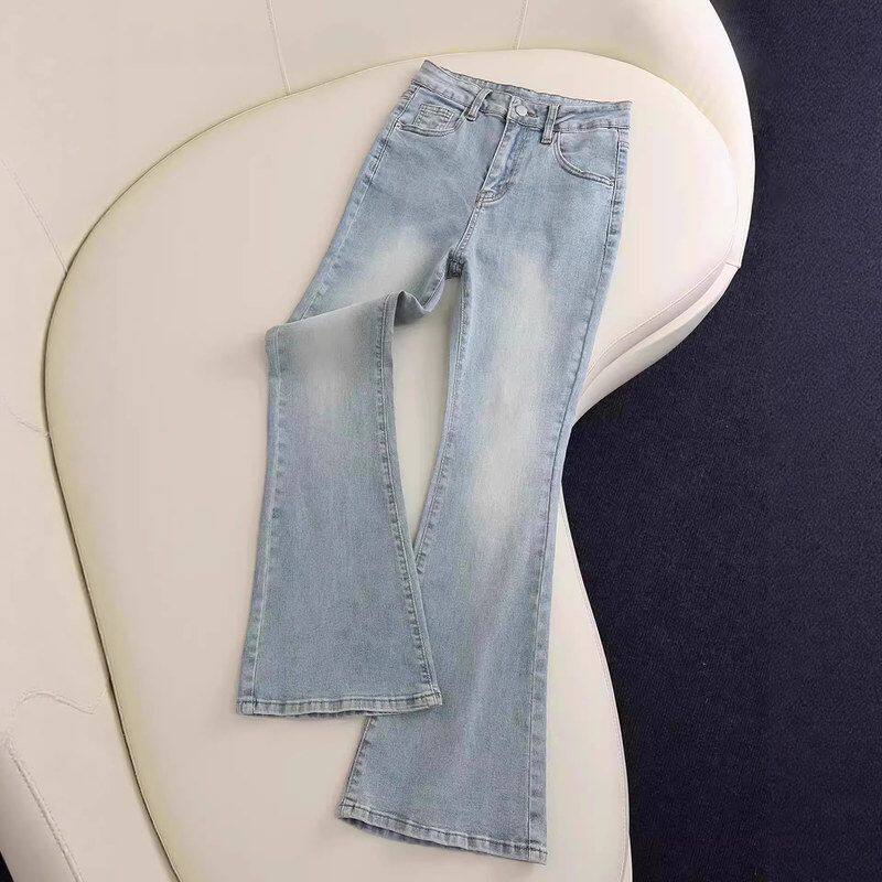 水洗浅蓝色微喇牛仔裤女新款春季小个子高腰修身弹力显瘦马蹄裤子