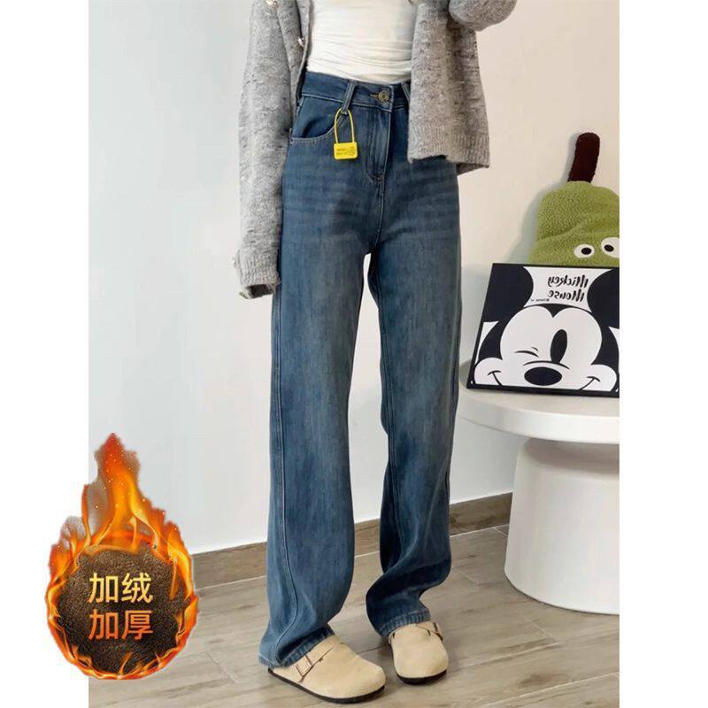加绒加厚直筒牛仔裤女2025冬季新款梨形身材宽松显瘦窄版阔腿裤子