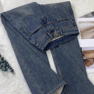 小众设计感高腰阔腿牛仔裤女加绒复古做旧宽松显瘦直筒休闲长裤子