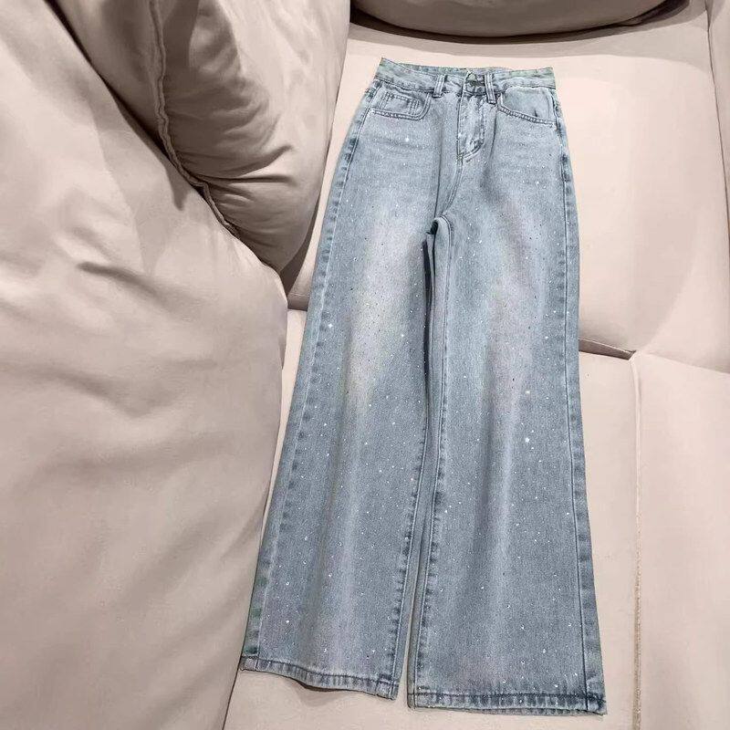时尚减龄气质浅蓝色烫钻直筒牛仔裤女春季新款高腰显瘦阔腿长裤子