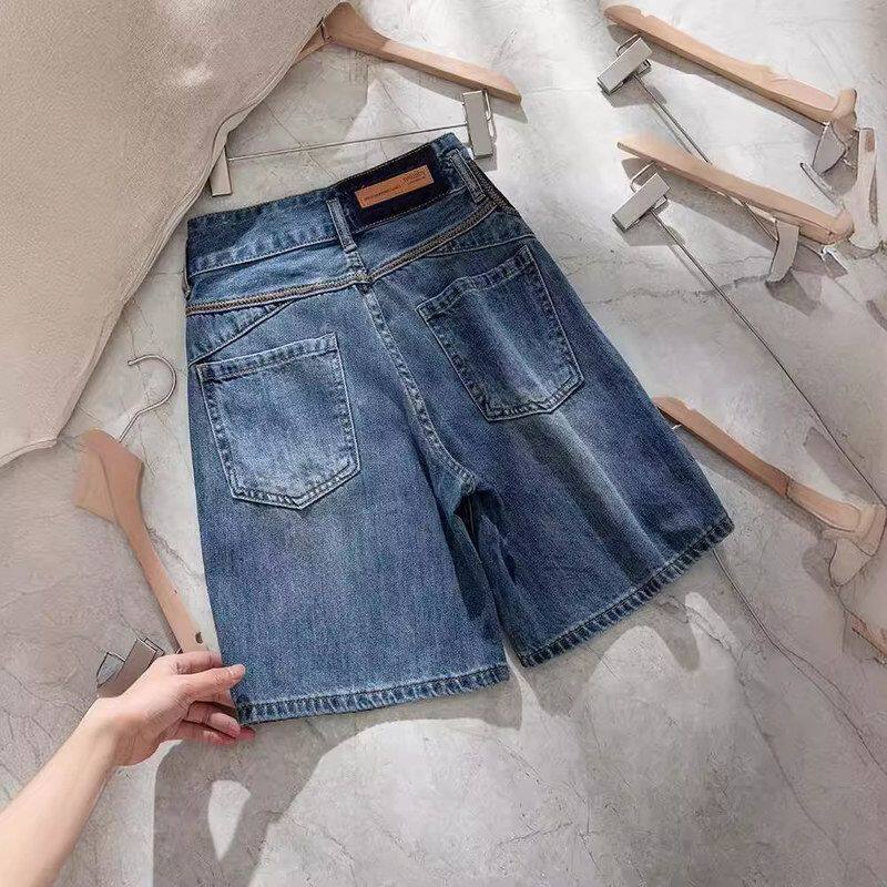 复古撞色牛仔五分短裤女2024夏季小个子新款高腰显瘦宽松直筒中裤