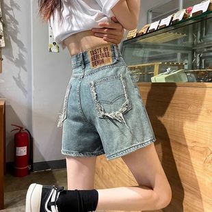 小众阔腿牛仔短裤女夏天薄款2024新款高腰显瘦设计感a字阔腿热裤