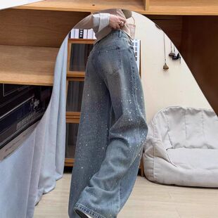 满天星烫钻牛仔裤女冬季加绒亮闪闪裤子显瘦阔腿裤胖mm大码直筒裤
