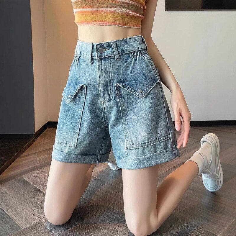 4分牛仔裤女腿粗裤子遮胯显瘦夏季薄款高腰a字工装中长款阔腿短裤