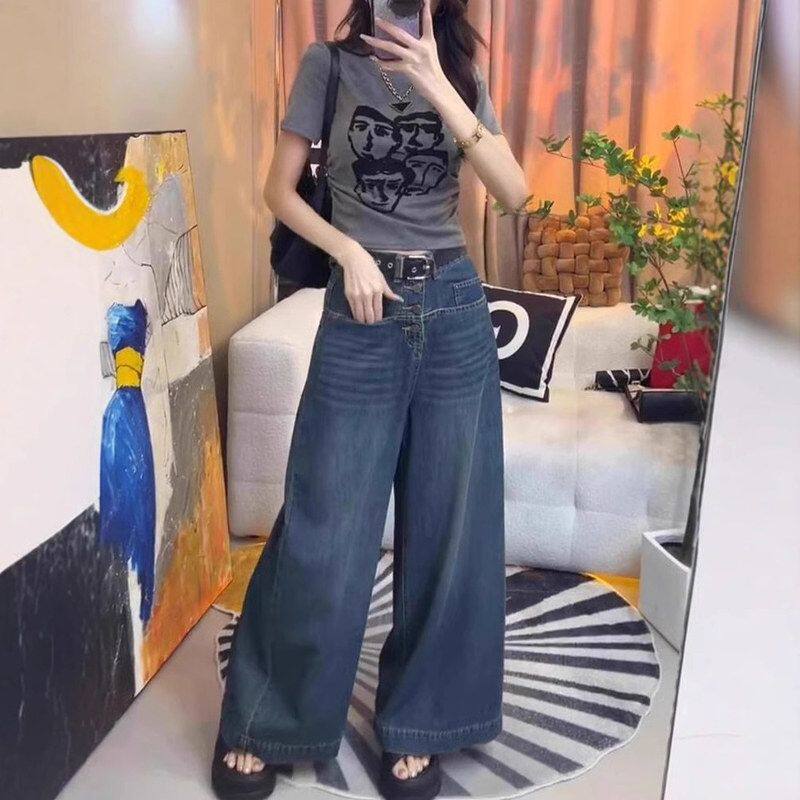 设计感大码宽松阔腿牛仔裤女2024秋冬季新款高腰显瘦百搭拖地长裤