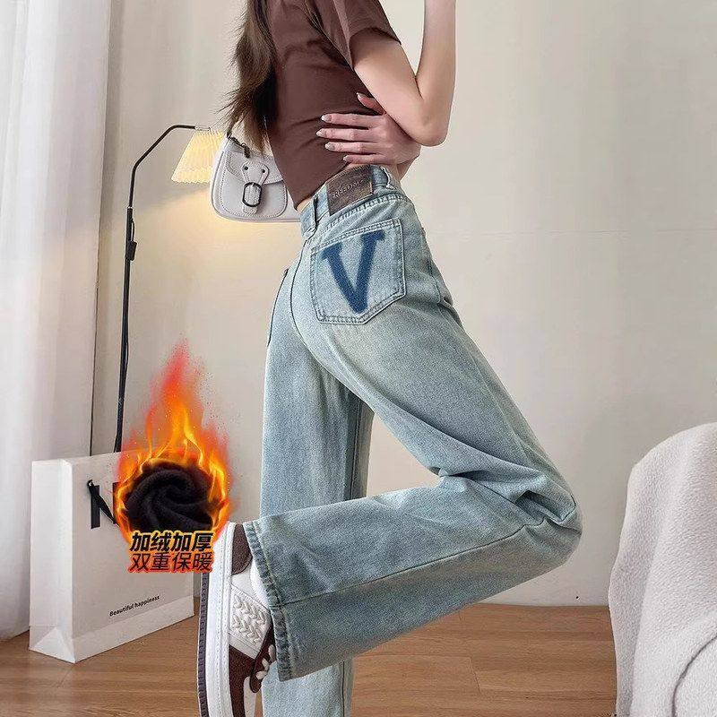 高腰窄版直筒牛仔裤女加绒2025年新款秋冬装爆款浅色小个子阔腿裤