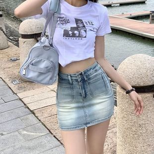 2024高腰设计感美式水洗牛仔短裙女夏季防走光包臀显瘦a字辣妹裙