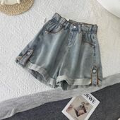 女夏季 薄款 松紧高腰a字热裤 花苞牛仔短裤 外穿辣妹宽松卷边阔腿裤
