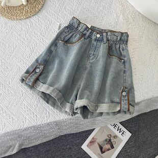 花苞牛仔短裤女夏季薄款松紧高腰a字热裤外穿辣妹宽松卷边阔腿裤