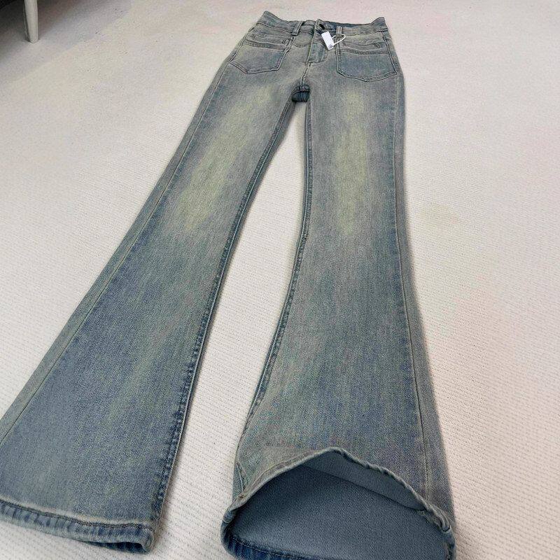 2025年春秋季新款浅蓝色微喇牛仔裤女高腰窄版修身显瘦垂感喇叭裤
