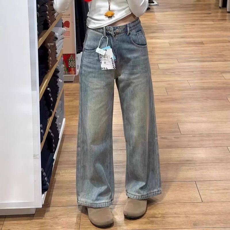 复古阔腿加绒牛仔裤女2025冬季新款高腰宽松显瘦小个子直筒拖地裤