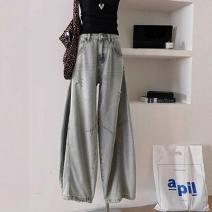 复古破洞牛仔裤女2025夏季新款美式大码胖mm设计感显瘦阔腿弯刀裤