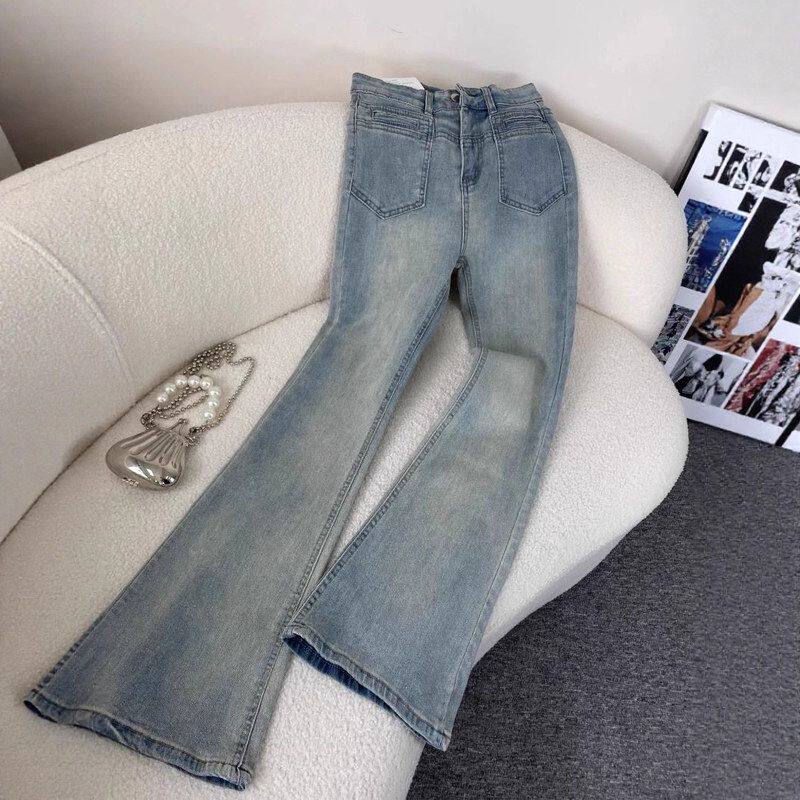 复古浅蓝色微喇牛仔裤女2025春秋新款高腰弹力显瘦喇叭马蹄拖地裤