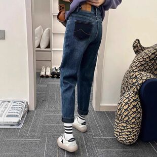大码加绒加厚牛仔裤女秋季胖妹妹大码小众设计感哈伦裤子老爹萝卜