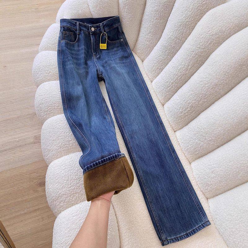 今年爆款窄版加绒阔腿牛仔裤女秋冬2025新款加厚高腰宽松直筒裤子