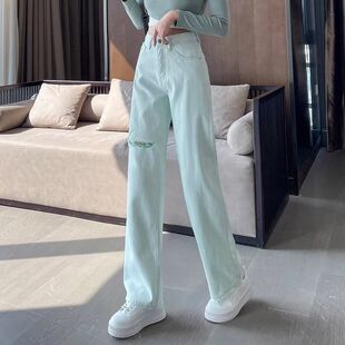 小众设计感破洞直筒拖地裤 绿色高腰宽松阔腿牛仔裤 女2024年春新款
