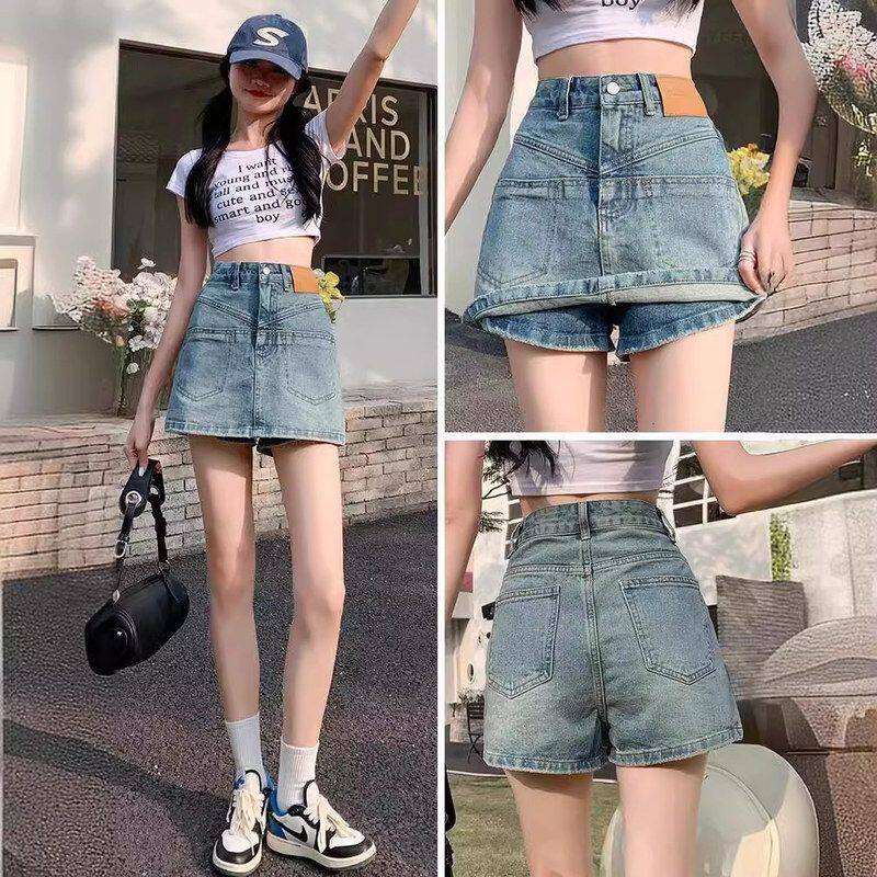 假两件牛仔半身裙裤女2024夏季新款薄款高腰a字阔腿防走光短裙裤