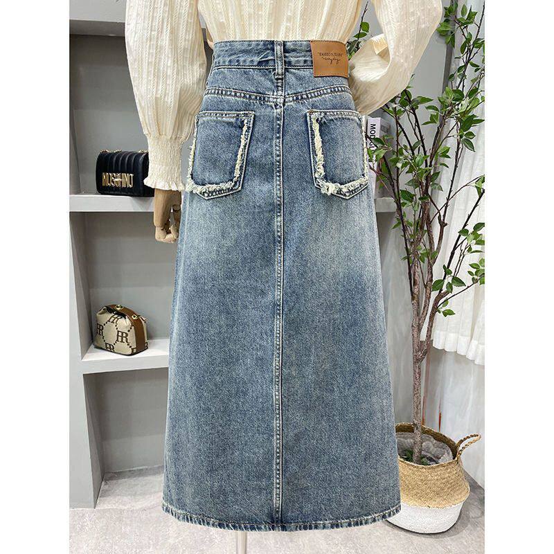 2025年新款高腰牛仔半身裙女夏装复古百搭设计感a字裙显瘦中长裙