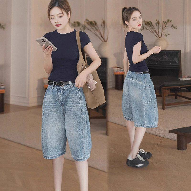 大码2025夏季薄款高腰百搭工装牛仔短裤女胖mm宽松显瘦阔腿五分裤