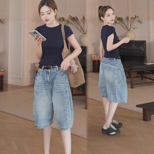 2025夏季 女胖mm宽松显瘦阔腿五分裤 薄款 牛仔短裤 高腰百搭工装 大码