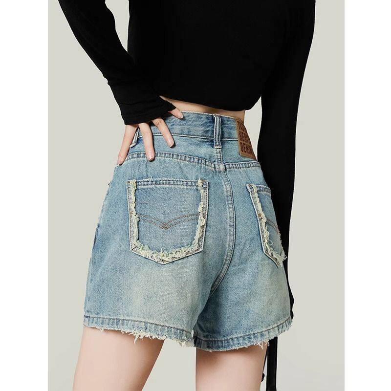 韩版设计感牛仔短裤女2024夏季新款小众高腰宽松显瘦a字阔腿热裤